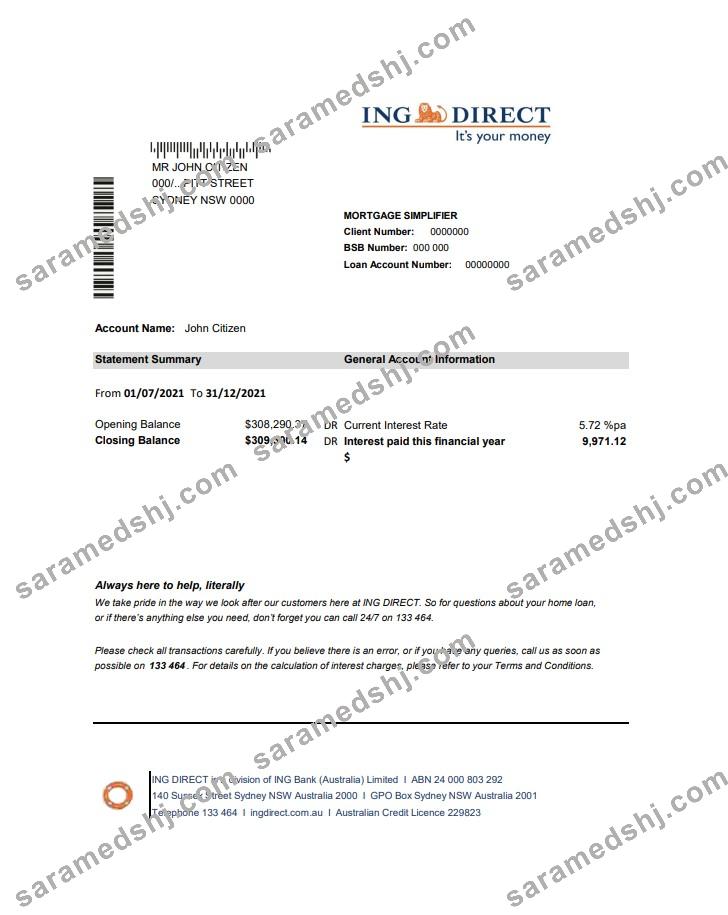 Australia ING Direct bank statement easy to fill template in Excel and PDF format